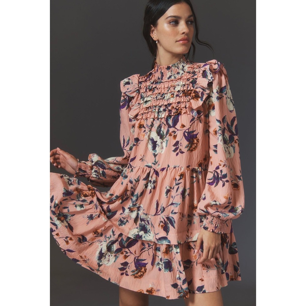 NWT By Anthropologie Pink Floral Smocked Tiered Ruffle Mini Dress Medium Cottage